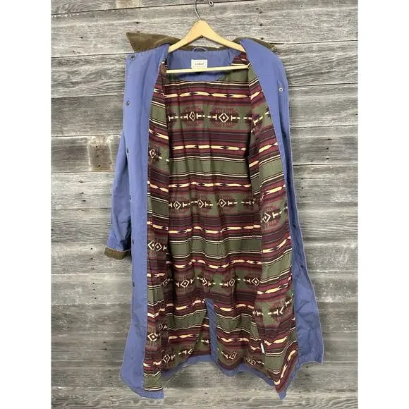 LL Bean Chore Duster Coat Womens Large Blue Canvas Barn Jacket Aztec Lined - Picture 5 of 14